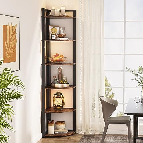 Rustic 6-Tier Corner Shelf for Home Office and Small Spaces