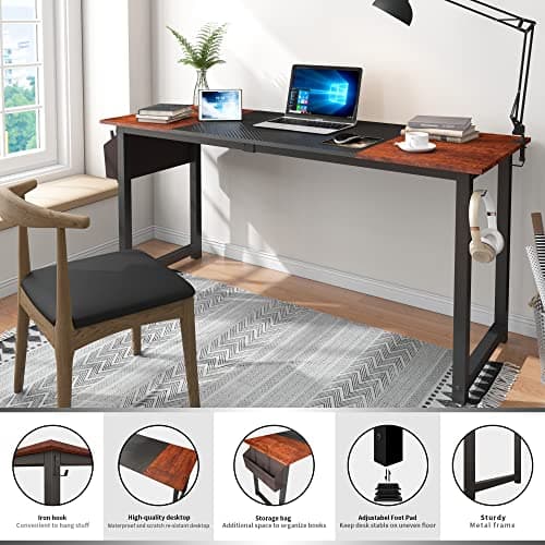 Decoholic 63-Inch Industrial Modern Home Office Desk with Storage Bag and Hook - Black and Sandalwood