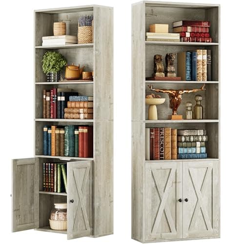 Industrial Bookshelves Set of 2 with Doors and 6 Shelves for Home Office and Living Room