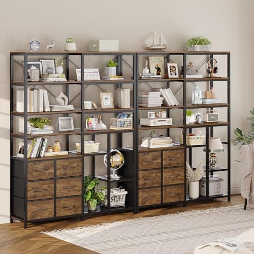 7-Tier Industrial Corner Bookshelf with Fabric Drawers - Rustic Brown