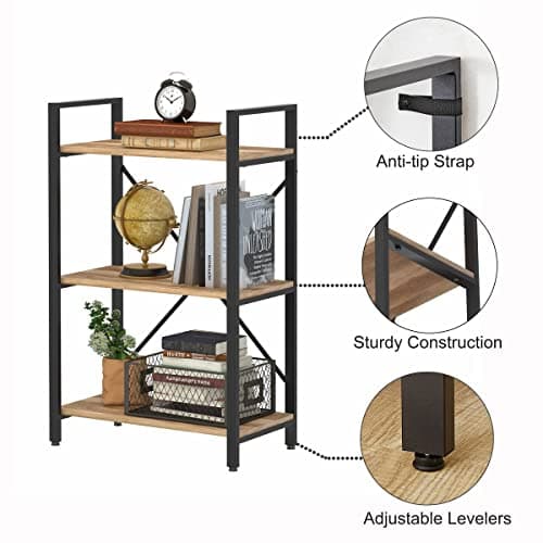 BON AUGURE Vintage Oak 3 Tier Bookshelf for Small Spaces