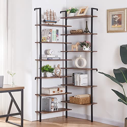 HOMISSUE 12-Tier L-Shaped Corner Bookshelf, Metal & Wood, Modern Industrial Brown