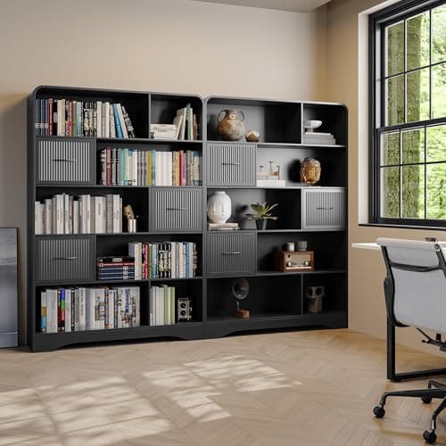 Tall Black 48" Modern 5-Tier Bookshelf with Drawers and StorageBins