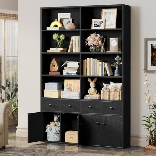 IRONCK Vintage Black Tall Storage Cabinet with 4 Drawers & 4 Doors, 6 Tier Bookshelf for Living Room