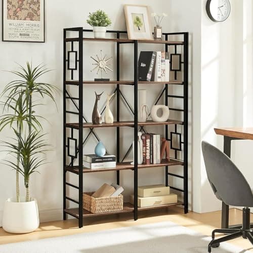Industrial Double Wide 5-Tier Bookshelf for Home Decor - Rustic Brown