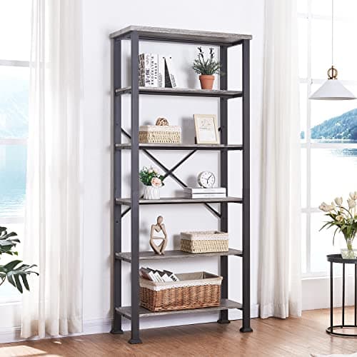 HOMBAZAAR Grey Industrial 6 Tier Bookshelf for Living Room, Office, Bedroom, Kitchen