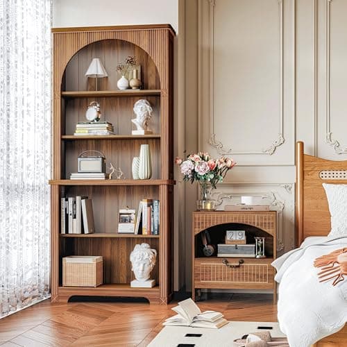 71" Tall Arched Bookshelf with Adjustable Shelves for Living Room and Home Office