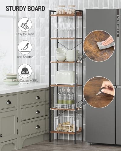Rustic Brown 6-Tier Bookcase with Hooks for Home Storage BC10701B