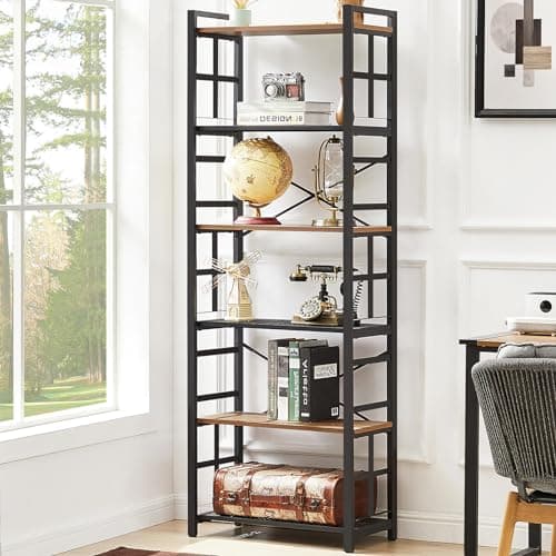 Industrial 6 Tier Bookshelf with Metal Frame - Rustic Brown