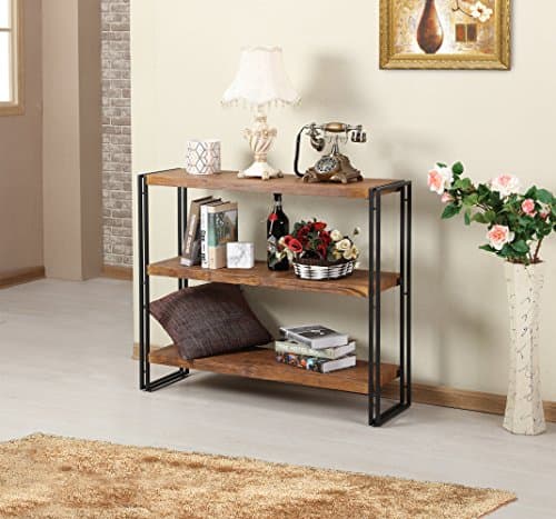Rustic Industrial 3-Tier Bookshelf, Brown Wood and Metal