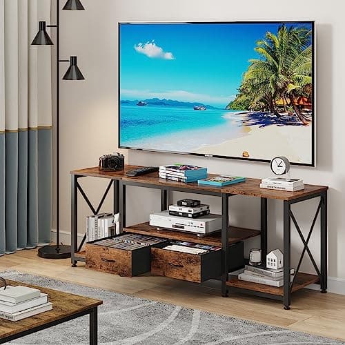 Rustic Brown TV Stand with Fabric Drawers for 65-75 Inch TVs - Entertainment Center with Open Storage Shelves for Living Room and Bedroom