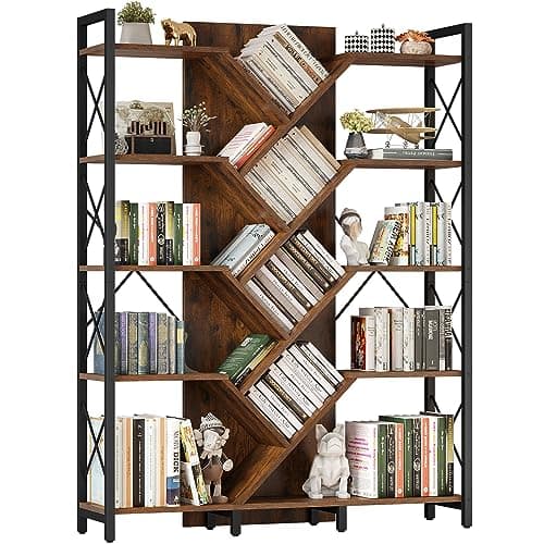 YITAHOME Rustic Brown 5-Tier Large Tree Bookshelf for Living Room and Office