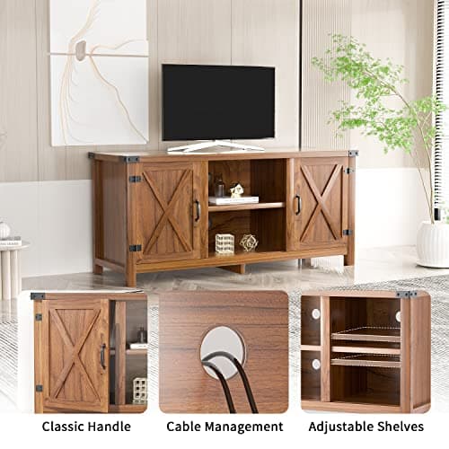 65 Inch Farmhouse TV Stand with Barn Doors and Storage Cabinets (Walnut)