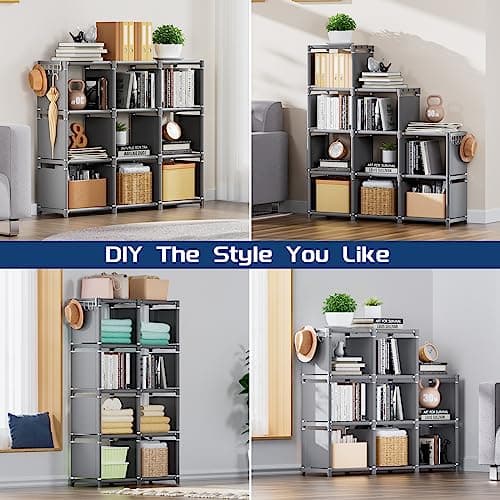 Mavivegue 9 Cube Metal Bookshelf, Grey Storage Organizer for Bedroom and Office
