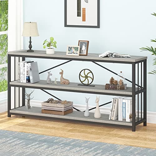 Industrial Modern 3 Tier Grey Rustic Metal and Wood Bookshelf, 63" Wide, Light Grey Oak, Living Room and Bedroom Storage