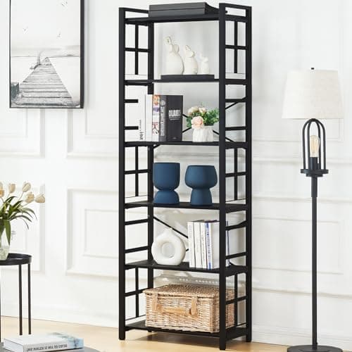 HOMBAZAAR 70 Inch Tall Rustic Metal Bookcase, 6 Tier Office Shelves for Living Room & Bedroom, Black