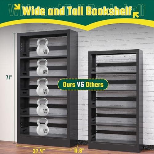 71" Black Metal Bookshelf with Adjustable Shelves and Bookends for Home Office and Living Room
