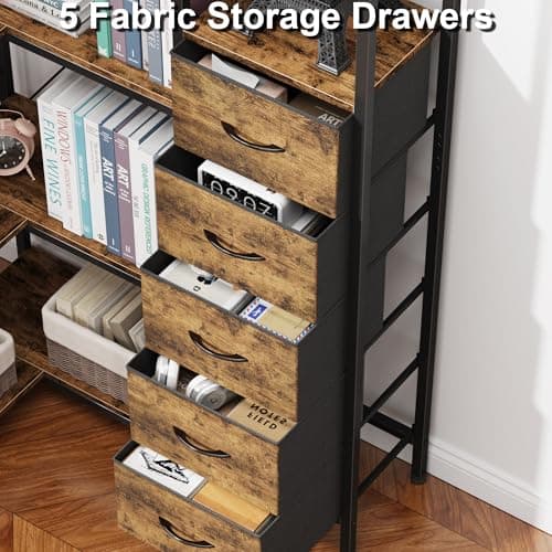 Industrial Convertible Corner Bookshelf with Drawers & Display Shelf, Large Wood Shelf in Rustic Brown