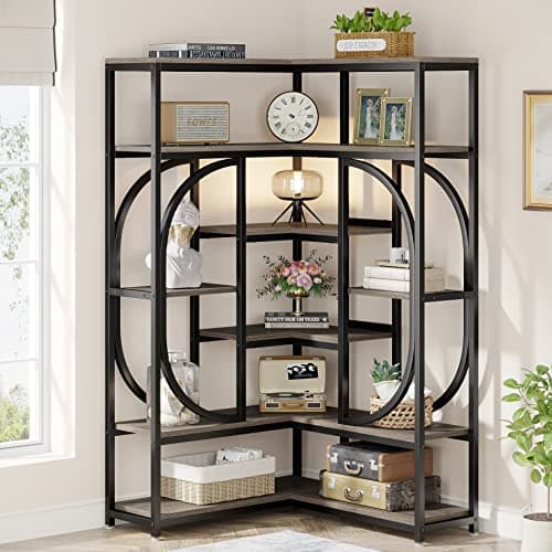 Tribesigns Large Grey Corner Bookshelf with Storage for Living Room and Office