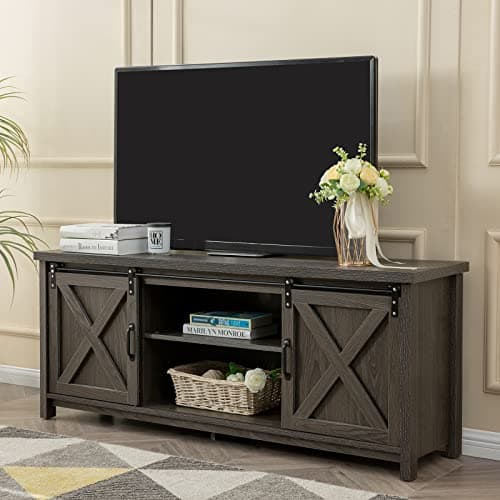 GAZHOME Dark Grey Rustic Modern Farmhouse TV Stand with Sliding Doors Storage
