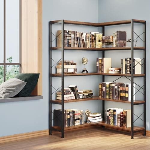 Industrial 5-Tier L-Shaped Bookcase with Metal Frame for Living Room and Office