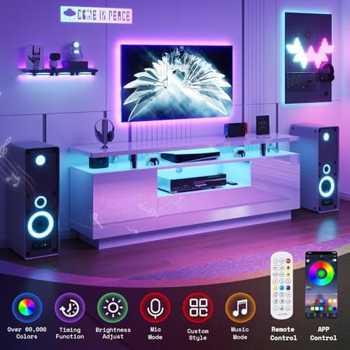 Modern 70in High-Gloss LED TV Stand, White with Open Shelves & Drawer
