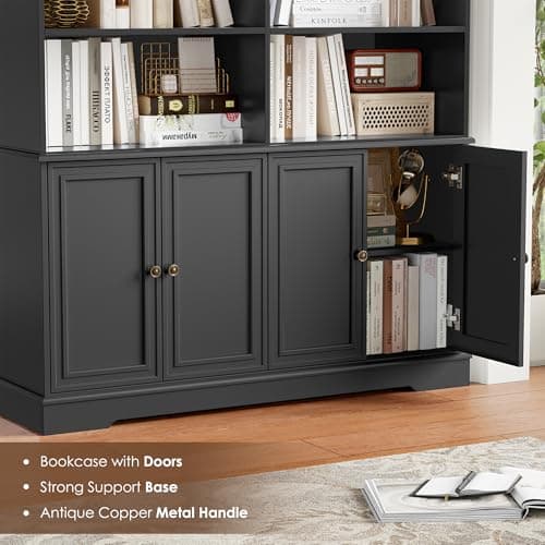 Finetones 73" Tall Black Bookshelf with Doors, 6-Tier Storage Large Bookcase