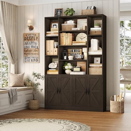 75" Tall BOOKSHELF with Storage, 47" Wide, 4 Doors, Dark Brown, Modern Farmhouse