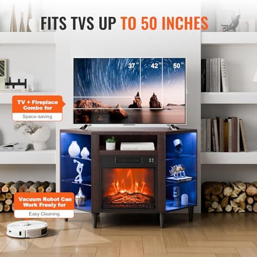 VEVOR Electric Fireplace TV Stand, Corner TV Stand for 50" TVs, Vintage Design, 20 LED Lights, Remote & Timer