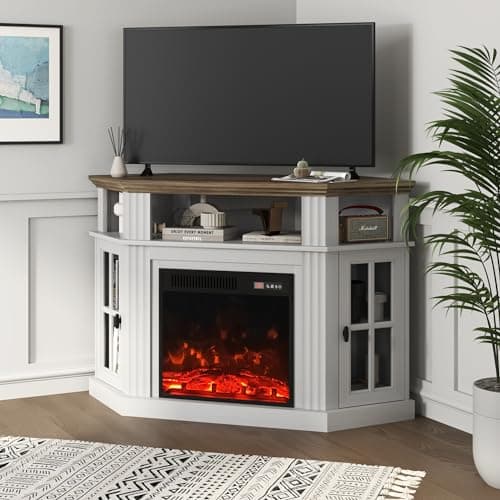 Corner Fireplace TV Stand for TVs up to 55 with Storage Cabinets, Entertainment Center, White＆Rustic Design