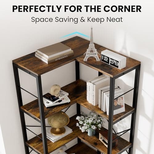 Rustic Brown 5-Tier Industrial L-Shaped Corner Bookshelf, 70.86" Tall