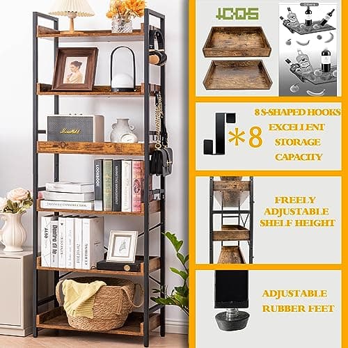 HCHQHS Adjustable 6-Tier Rustic Farmhouse Bookcase for Home Office