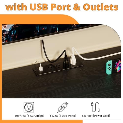 65-inch TV Stand with Power Outlet and LED Light, Black