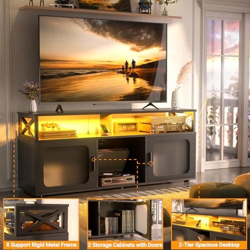 Modern TV Stand for 55-60 Inch TV with LED Light, Charging Station, and Soundbar Shelf