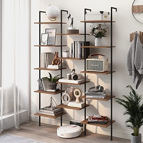 5-Tier Industrial Wooden and Metal Wall Mounted Bookshelf (Rustic Brown, Large)