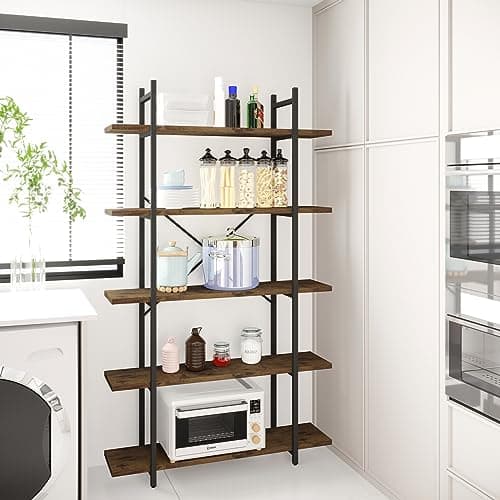 Industrial Rustic Brown Metal Bookshelf, 5 Tiers, Standing Storage for Home Office and Study.