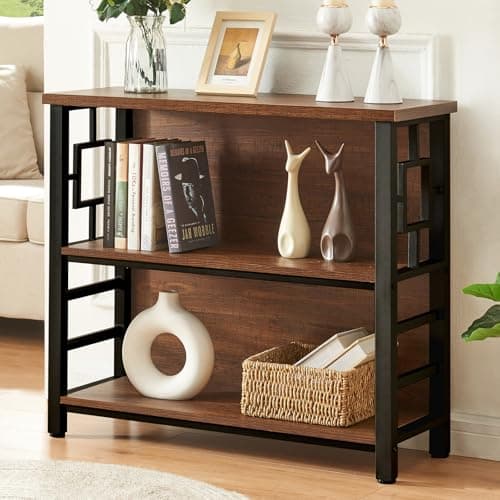 HOMISSUE 3 Tier Deep Bookshelf with Storage, Rustic Brown for Small Spaces