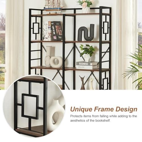 Industrial Double Wide 5-Tier Bookshelf for Home Decor - Rustic Brown