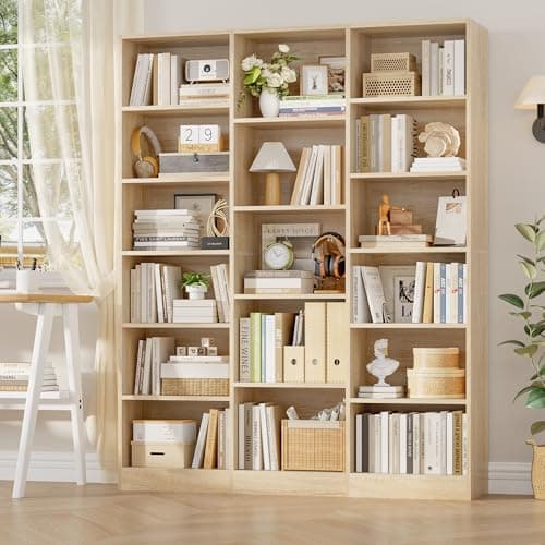 Triple Wide 74'' Tall Bookcase with 17 Shelves, Light Oak, Living Room, Home Office, Library