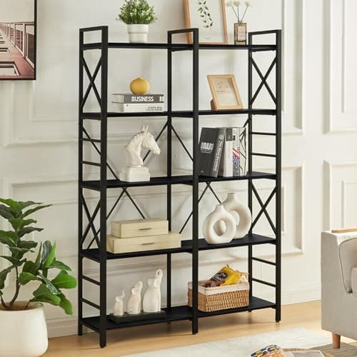 HOMBAZAAR Industrial Double Wide 5 Tier Black Bookshelf