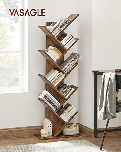 VASAGLE 9-Tier Rustic Brown Book Tree, Large Corner Bookshelf