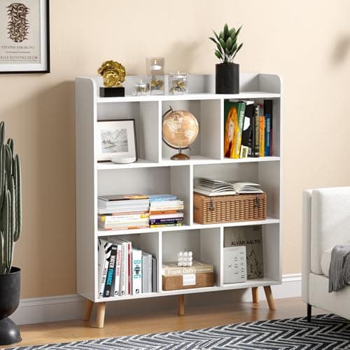 MXV 8 Cube Bookshelf, Wood Storage Organizer, White Free Standing for Living Room, Bedroom