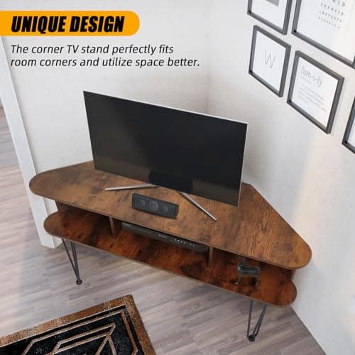 Corner TV Stand with Open Storage and Cable Hole, Brown