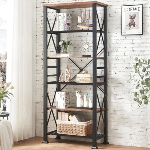 HOMBAZAAR 74" Tall Industrial Metal Bookshelf, 6 Tier, Rustic Brown for Office & Living Room