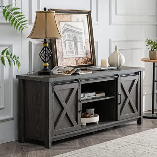 GAZHOME Dark Grey Rustic Modern Farmhouse TV Stand with Sliding Doors Storage