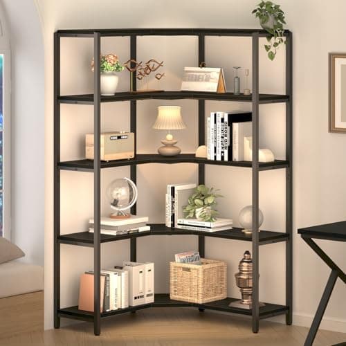 IBF 5-Tier Black Corner Bookshelf, Modern L-Shaped Storage Organizer