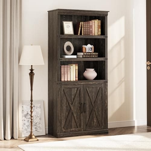 GAOMON 5 Tier Farmhouse Bookcase with Doors, 70 inch Tall Storage Cabinet