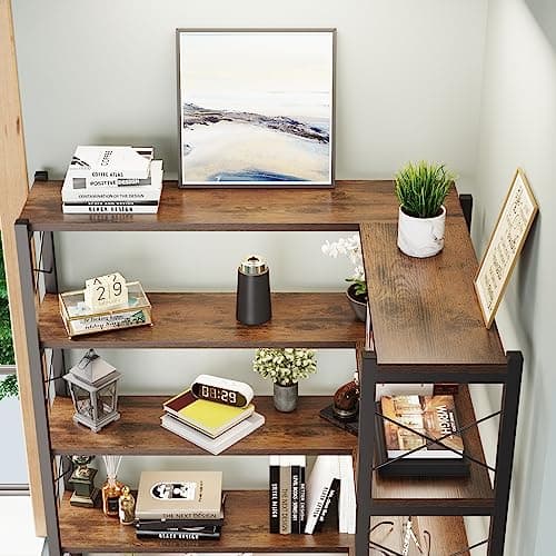 Industrial 5-Tier L-Shaped Bookcase with Metal Frame for Living Room and Office