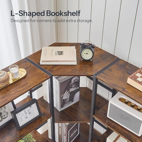 HOOBRO BF68SJ01 5-Tier L-Shaped Rustic Brown & Black Bookshelf