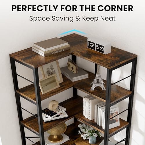 Rustic Brown 7-Tier 80" Tall Industrial L-Shaped Corner Bookcase